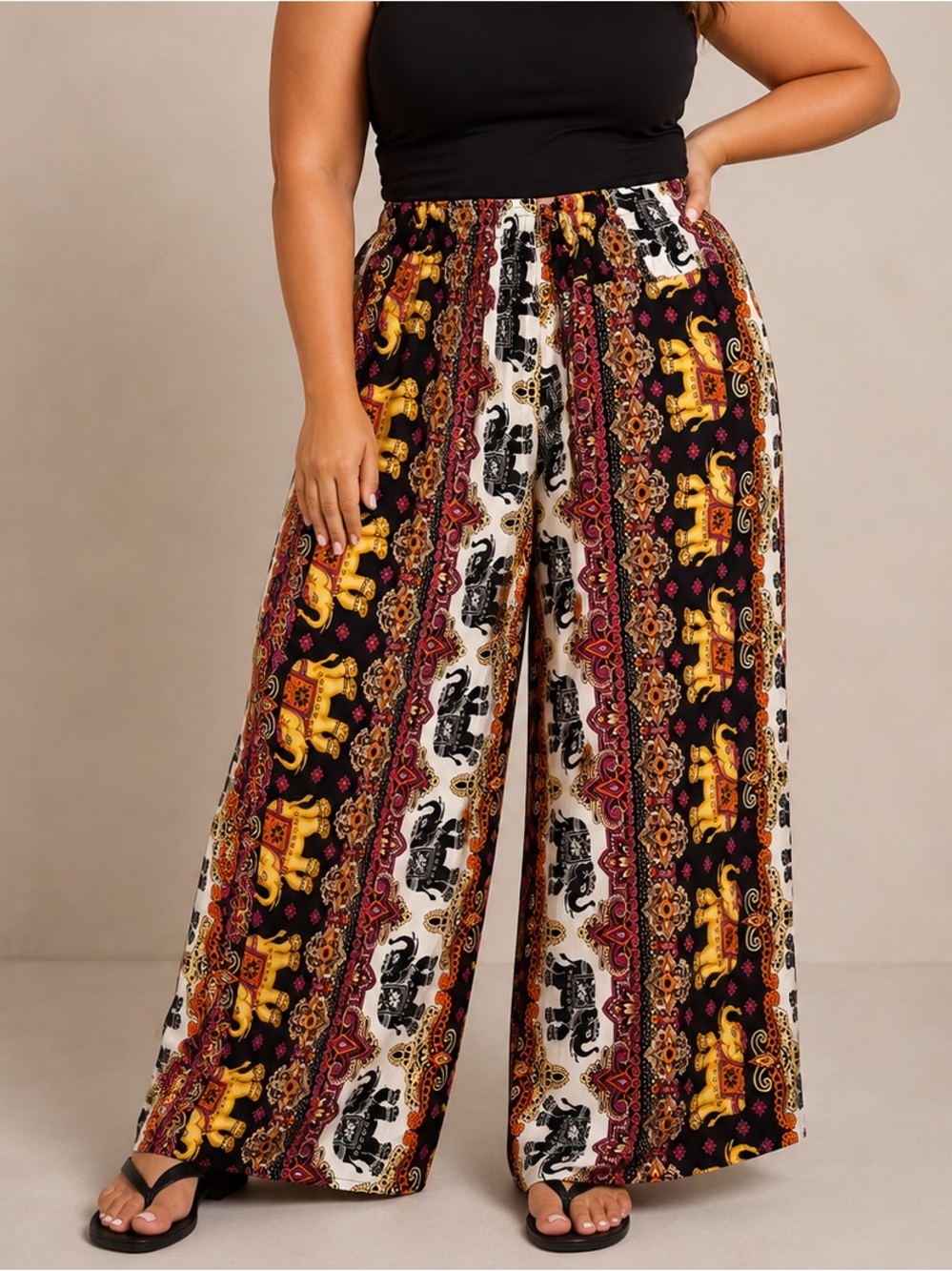 Bohemian Elephant Print Wide-Leg Pants - Black & White MEDIUM